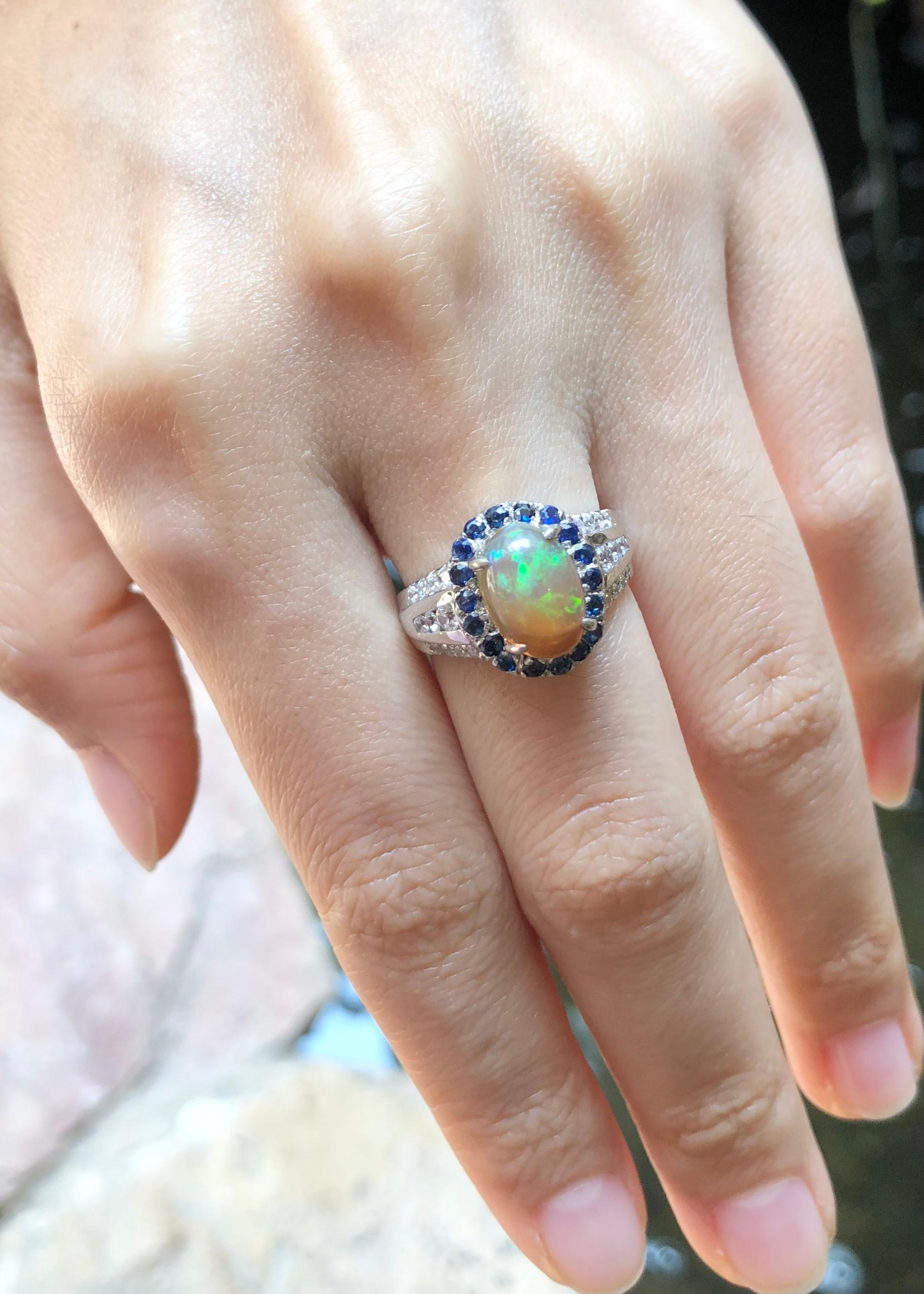 Opal, Blue Sapphire with Cubic Zirconia Ring set in Silver Settings In New Condition For Sale In Dusit, 10