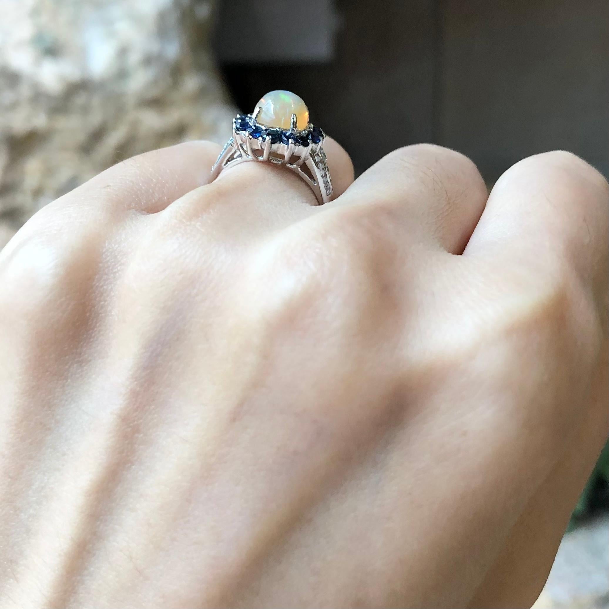 Mixed Cut Opal, Blue Sapphire with Cubic Zirconia Ring set in Silver Settings For Sale