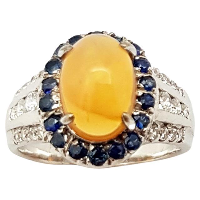 Opal, Blue Sapphire with Cubic Zirconia Ring set in Silver Settings For Sale