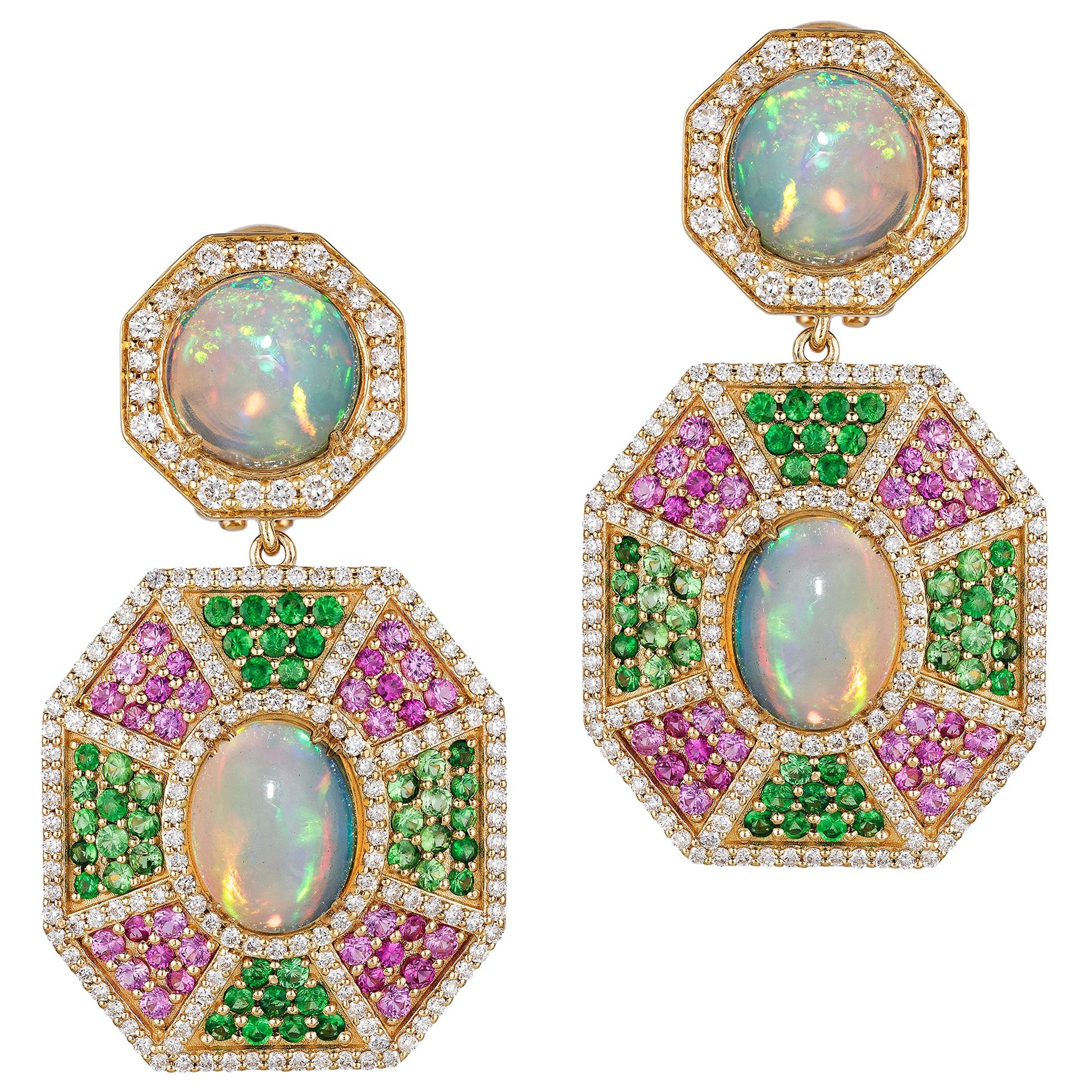 Goshwara Opal Cab With Tsavorite, Pink Sapphire and Diamond Earrings For Sale