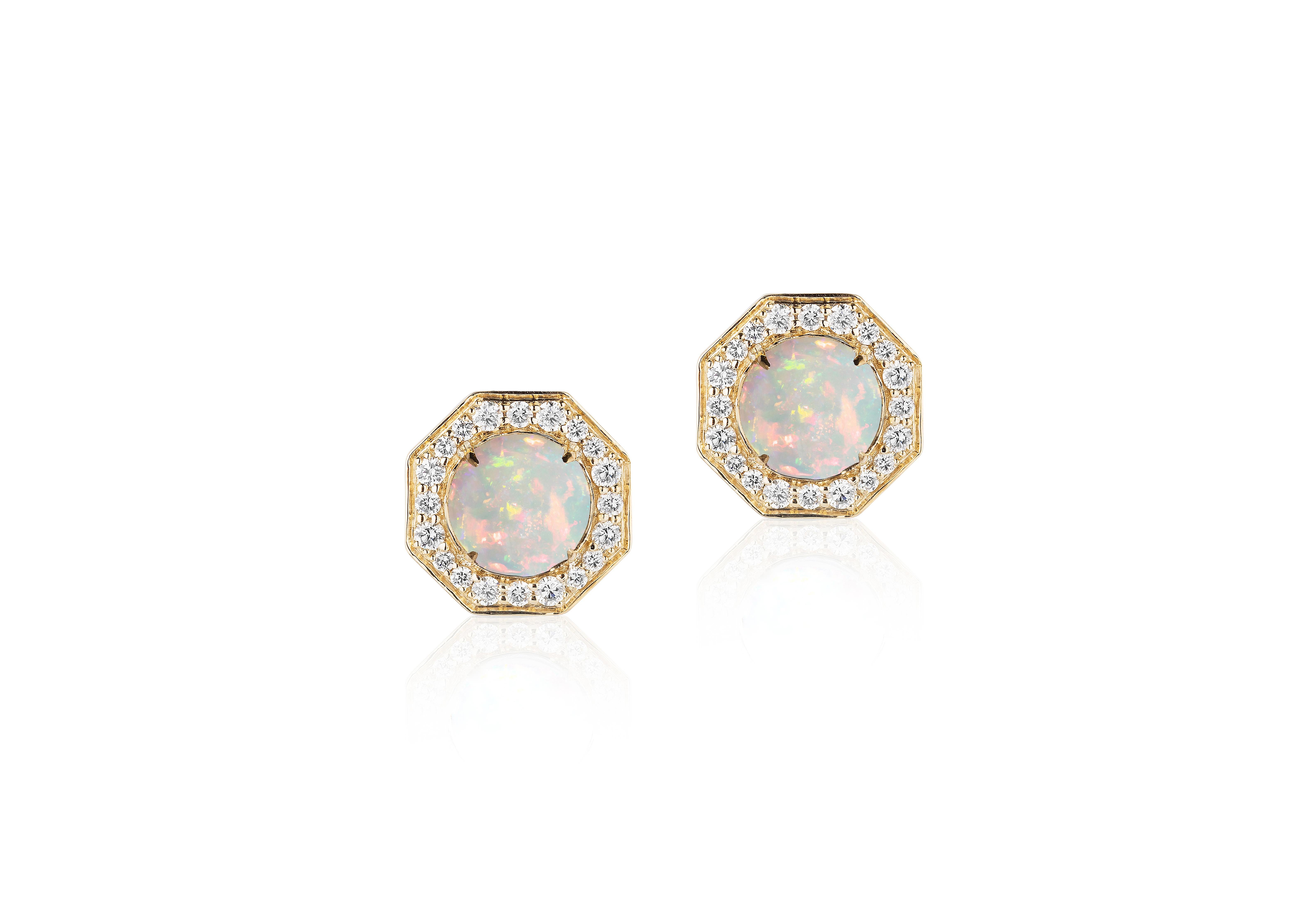 Opal Cab Small Pendant with Diamonds in 18K Yellow Gold, from 'Rock N Roll' Collection

Stone Size: 8 mm

Gemstone Weight: Opal- 1.29 Carats

Diamond: G-H / VS, Approx Wt: 0.36 Carats

Opal Stud Earrings with Diamonds in 18k Yellow Gold, from 'Rock