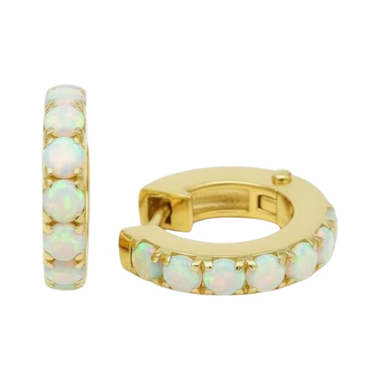 Pendientes Huggie de 12 MM con cabujón de ópalo, Pendientes de aro Micro Pave