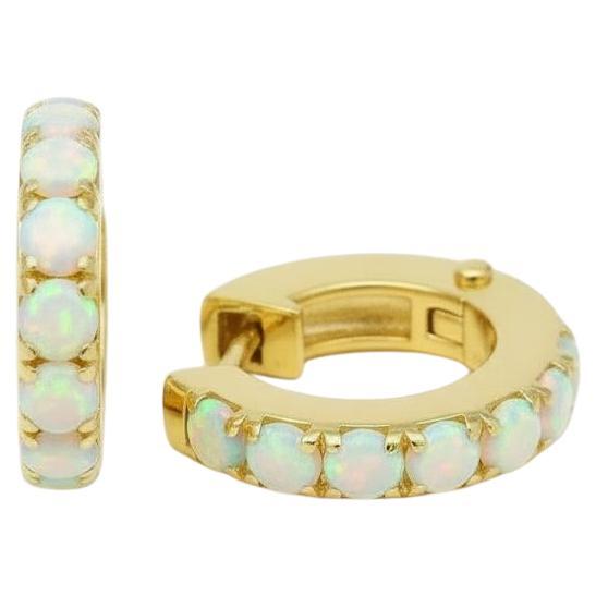 Orecchini Huggie con cabochon di opale 12 MM, orecchini a cerchio con micro pave