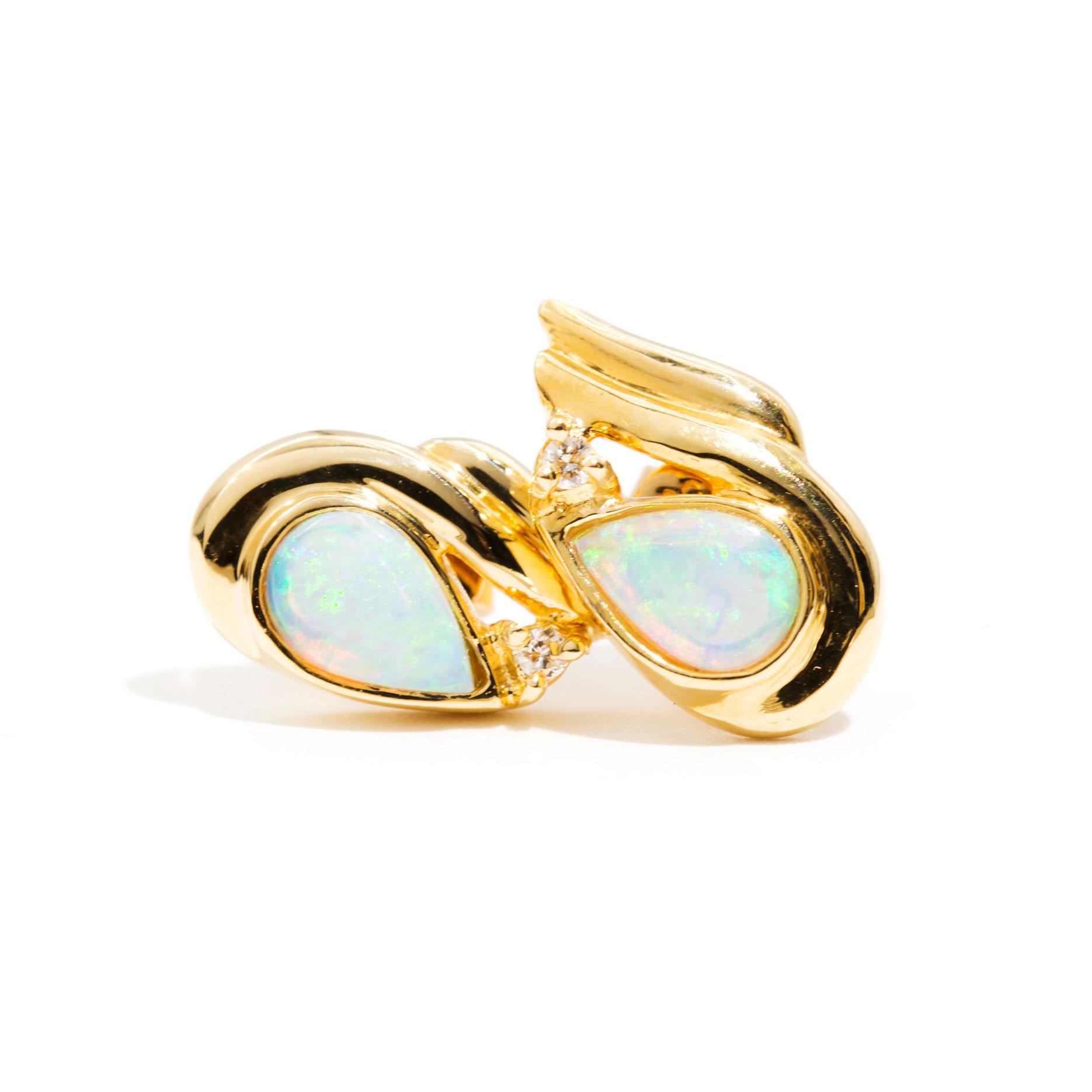 Opal Cabochon and Diamond 18 Carat Yellow Gold Vintage Stud Earrings 1