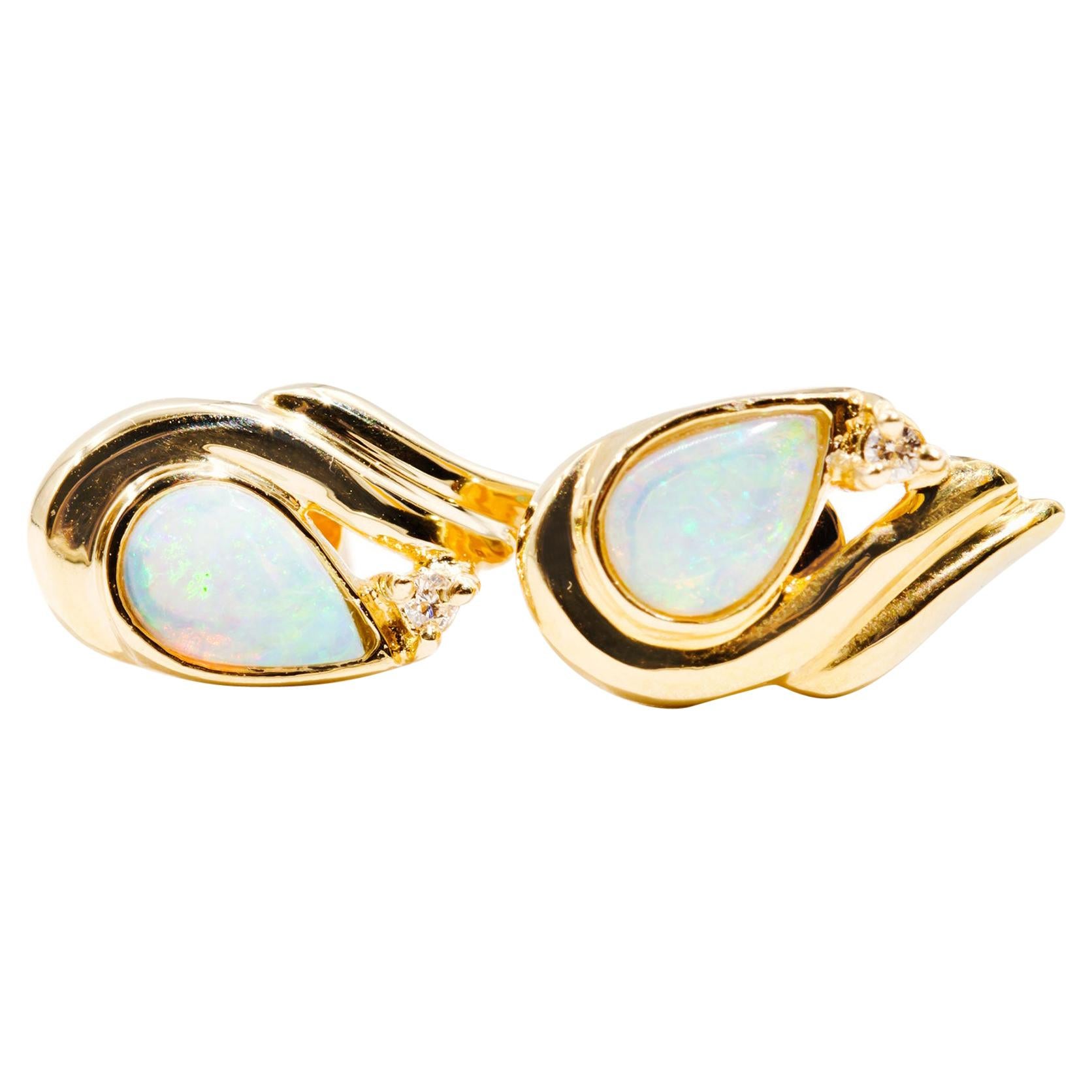 Opal Cabochon and Diamond 18 Carat Yellow Gold Vintage Stud Earrings