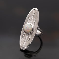 Designer Opal and Diamond 18 Karat White Gold Elongated Cocktail Ring