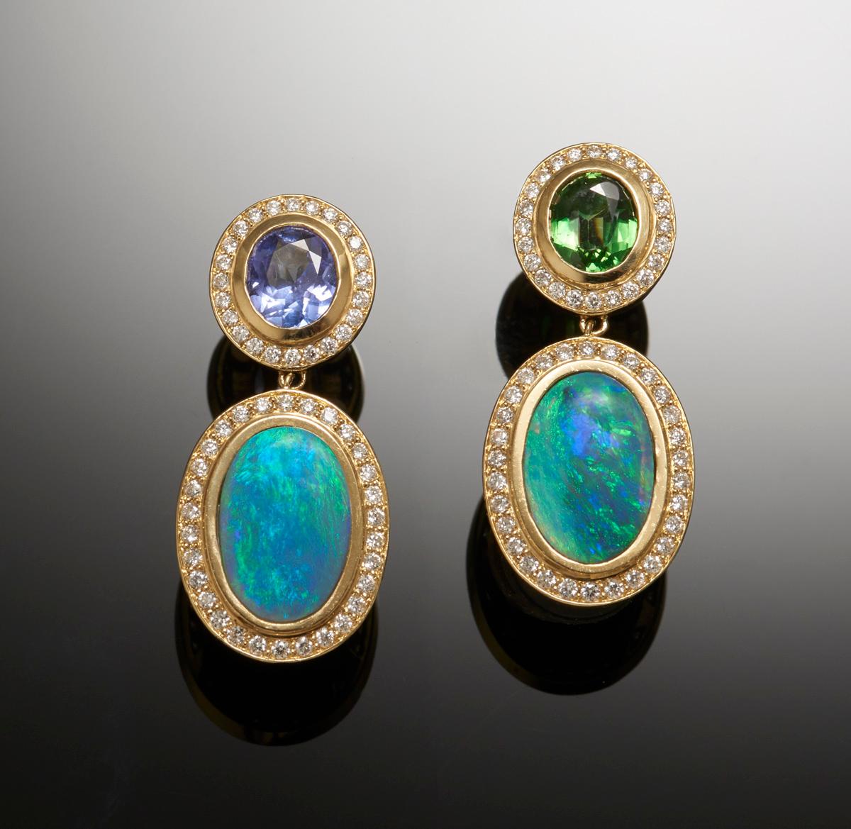 Modern Opal Cabochon Drops with Tanzanite and Tsavorite 18k Yellow Gold Earrings For Sale