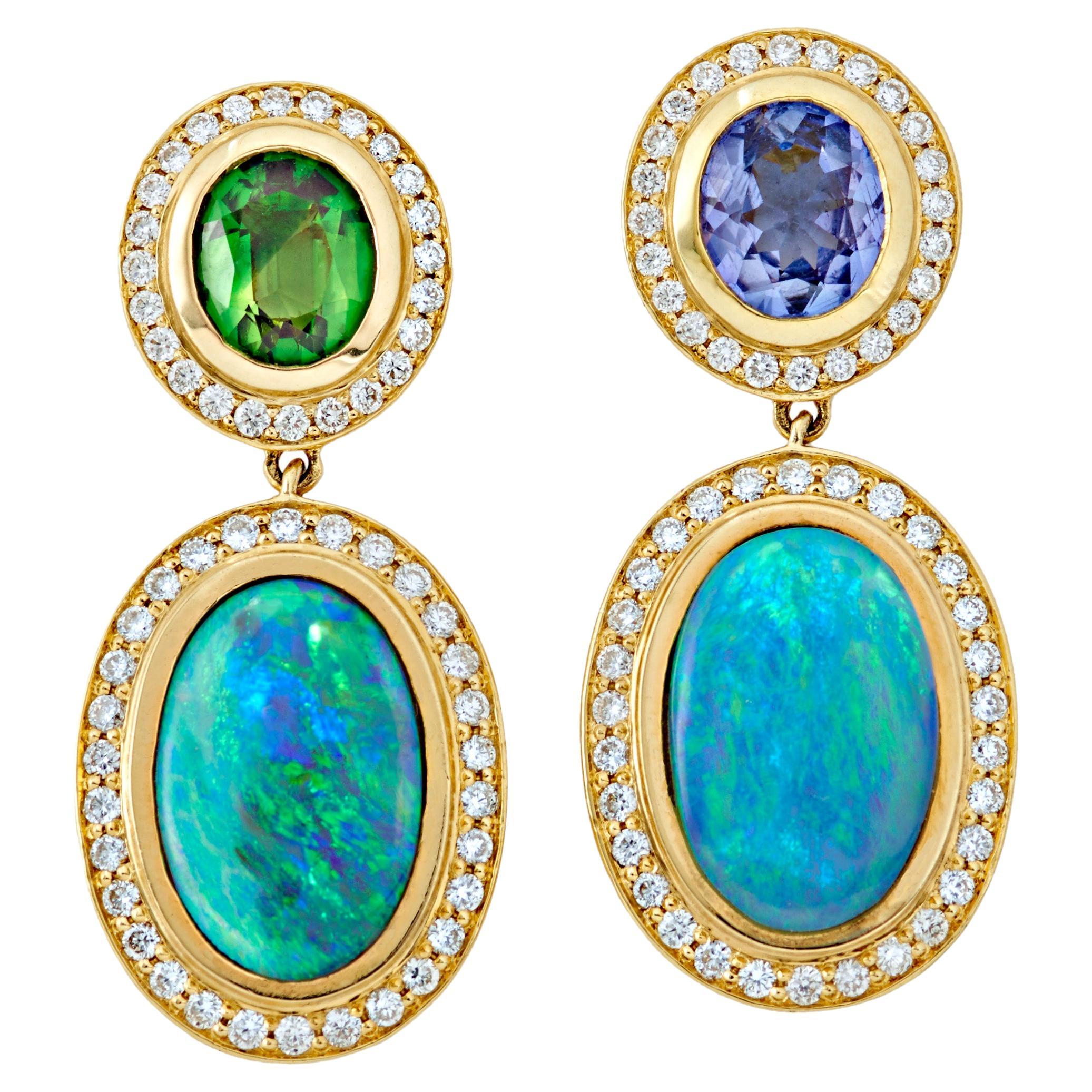 Opal Cabochon Drops with Tanzanite and Tsavorite 18k Yellow Gold Earrings For Sale