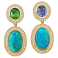 Vintage Opal Cabochon Drops with Tanzanite and Tsavorite 18k Yellow Gold Earrings