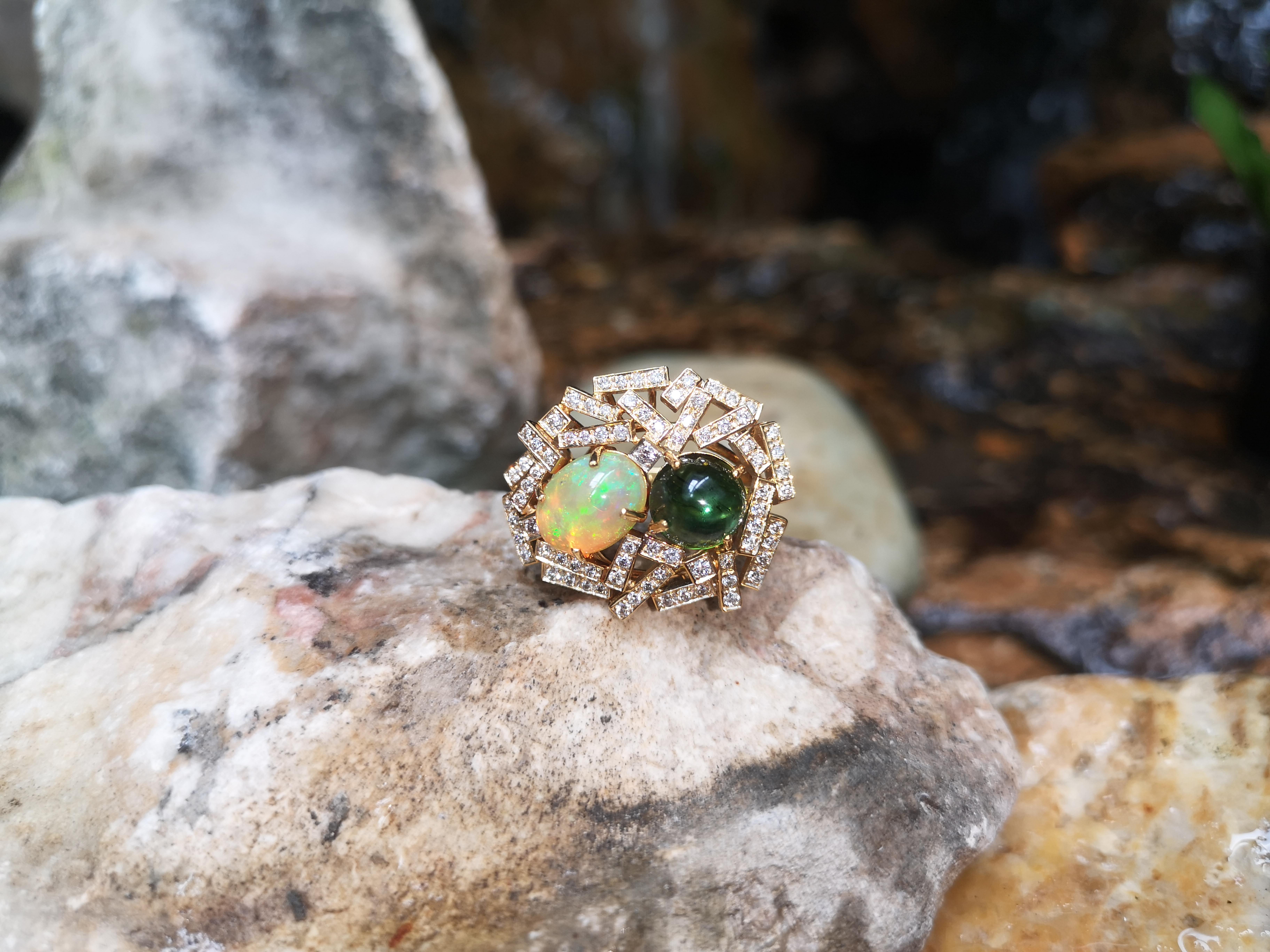 Opal, Cabochon Green Tourmaline with Brown Diamond Ring Set in 18 Karat Gold In New Condition For Sale In Bangkok, TH