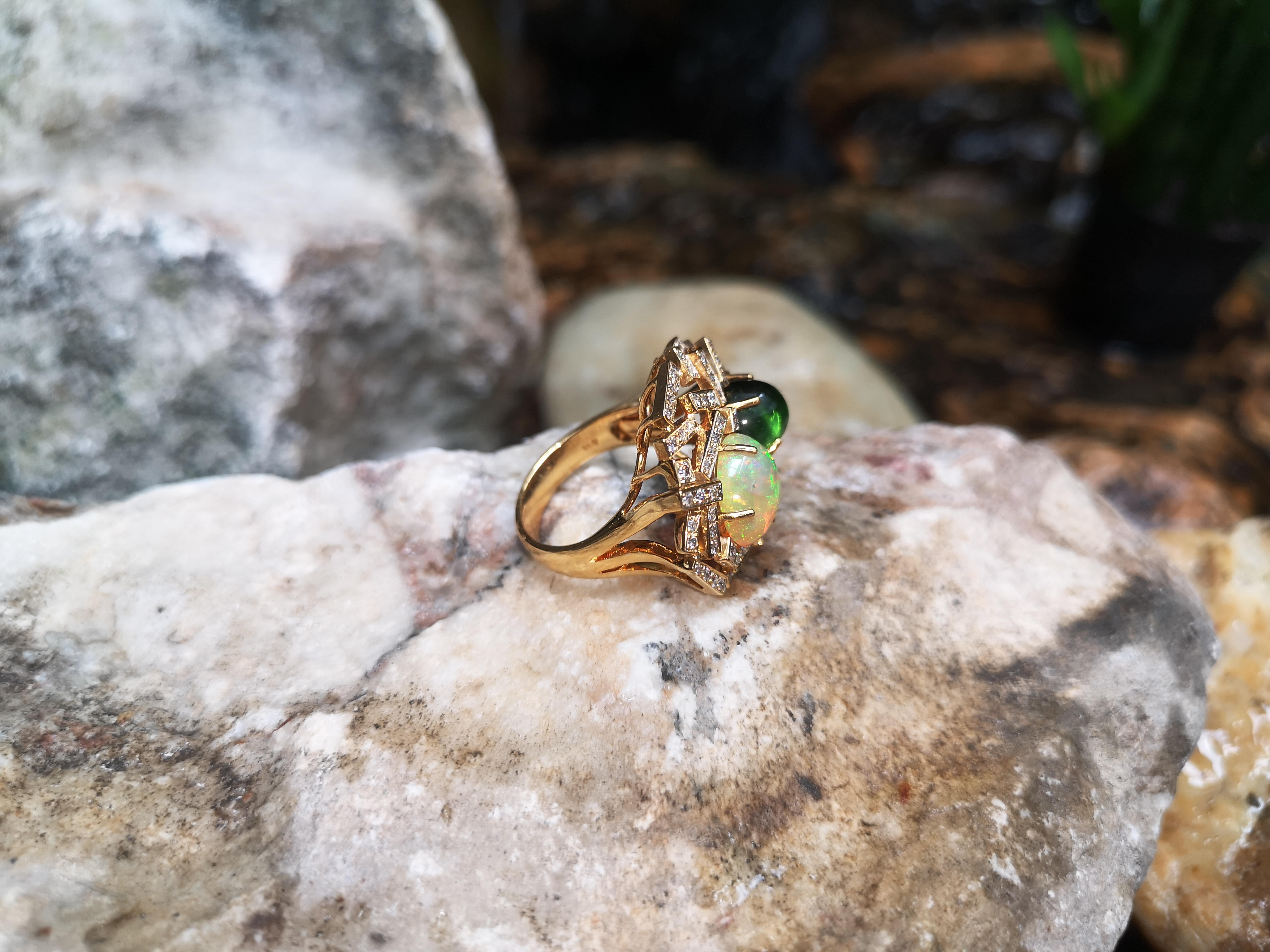 Women's Opal, Cabochon Green Tourmaline with Brown Diamond Ring Set in 18 Karat Gold For Sale