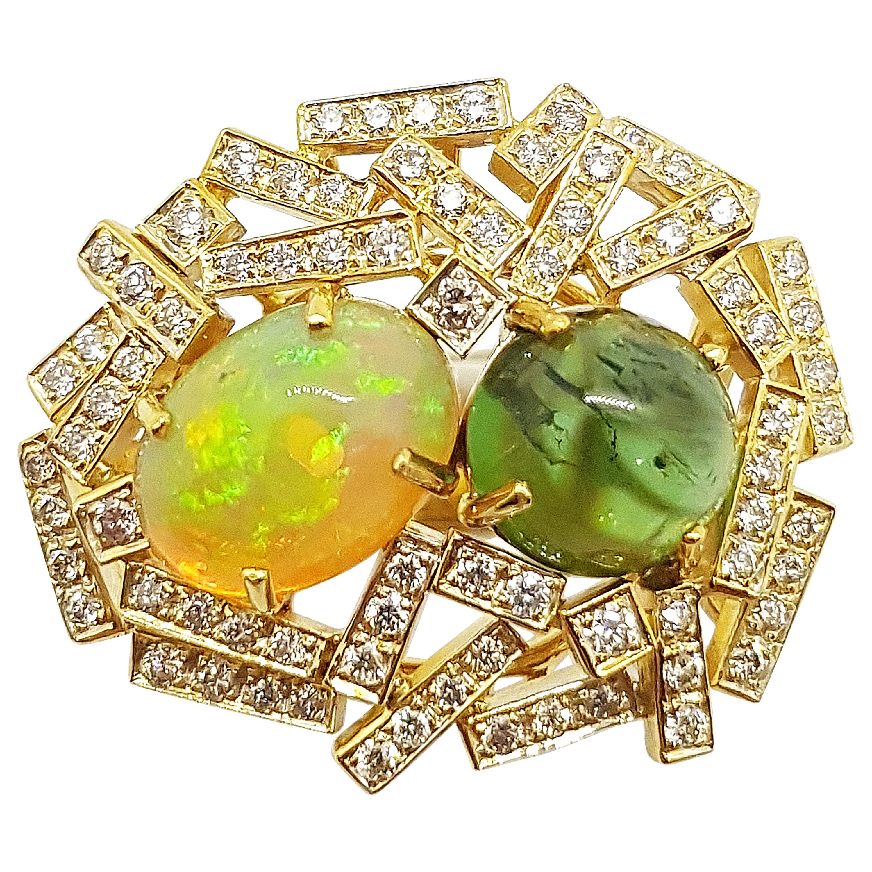 Opal, Cabochon Green Tourmaline with Brown Diamond Ring Set in 18 Karat Gold For Sale