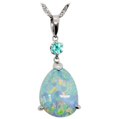 Opal Cabochon Pear Shape and Green Tourmaline Round Pendant Necklace in Platinum