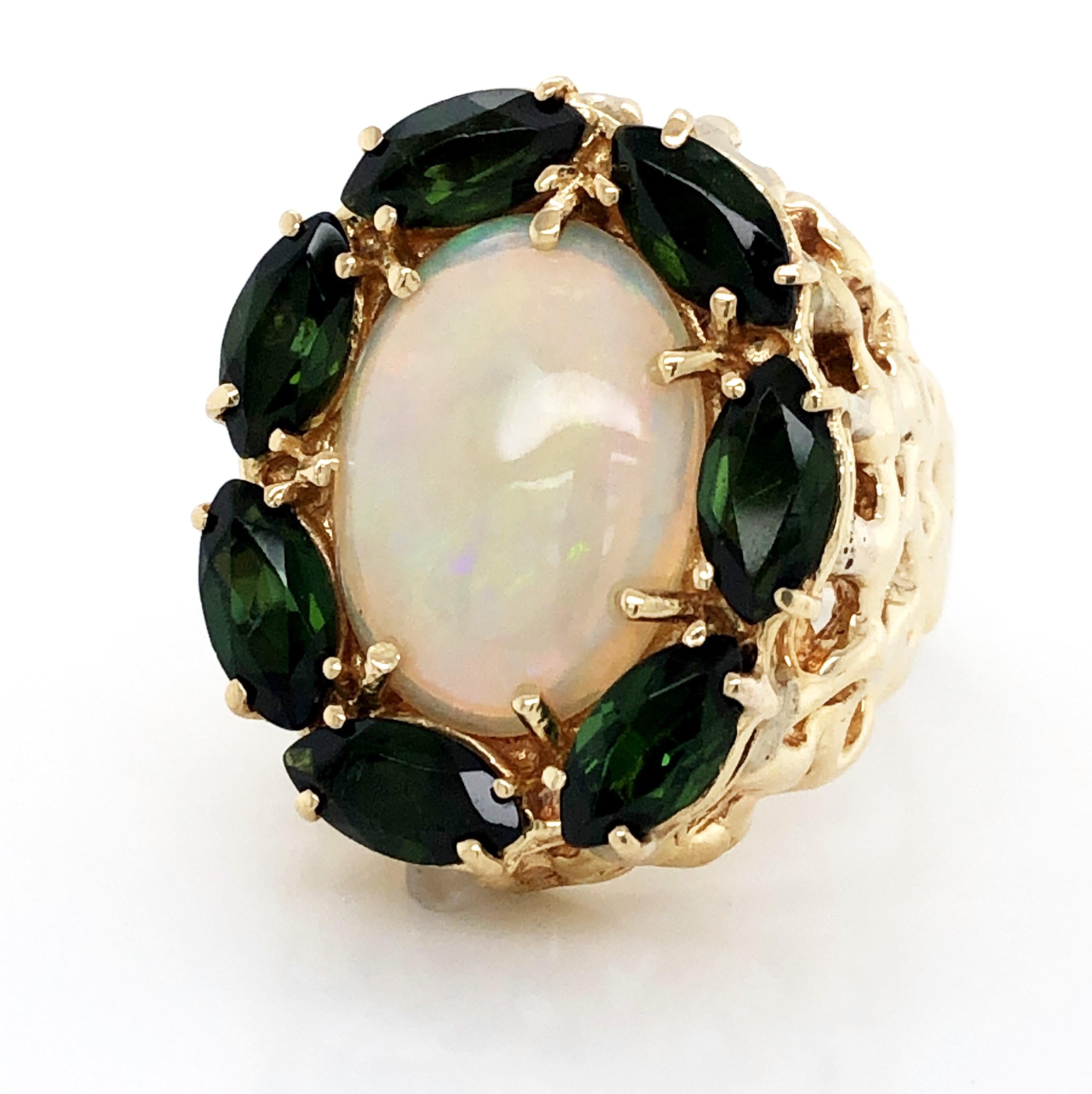 Opal Cabochon Peridot Yellow Gold Cocktail Ring In Excellent Condition For Sale In Mount Kisco, NY