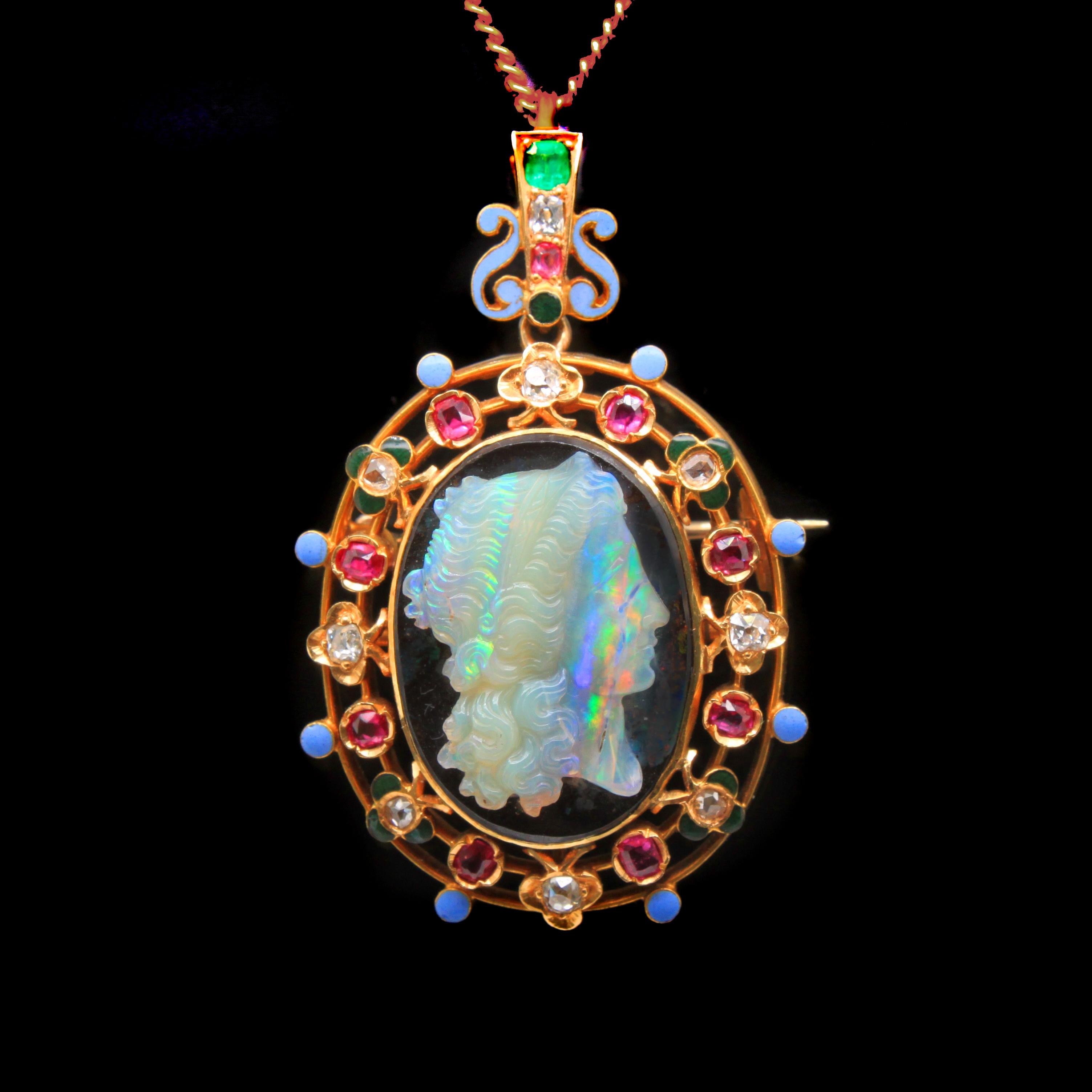 Renaissance Revival Opal Cameo Gem-set and Enamel Brooch Pendant, ca. 1880s

A beautiful and rare carved Opal cameo brooch pendant depicting Aphrodite? in a relief (attributed to master cutter Wilhelm Schmidt from Idar-Oberstein, Germany),