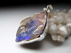 Opal Carving Silver Fish Pendant Natural violet Vintage Gemstone gift wife