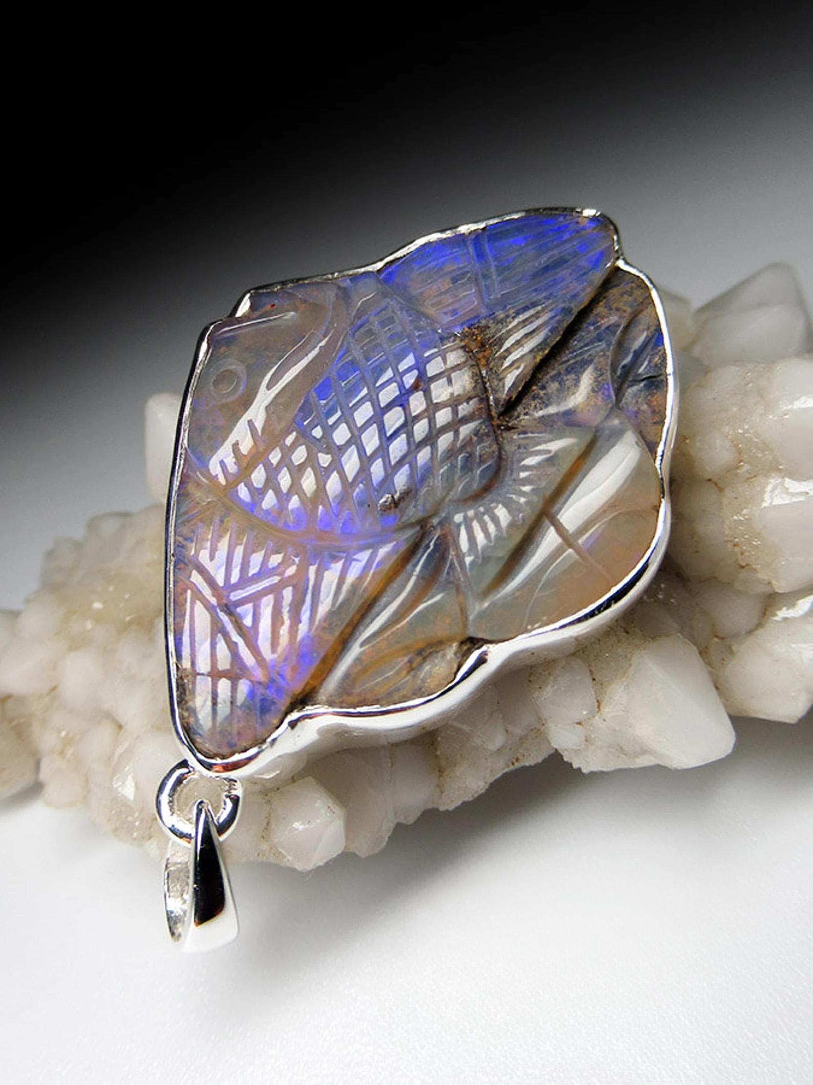 Opal Carving Silber Fisch Anhänger natürlichen violetten Vintage Edelstein Geschenk Frau im Angebot 3