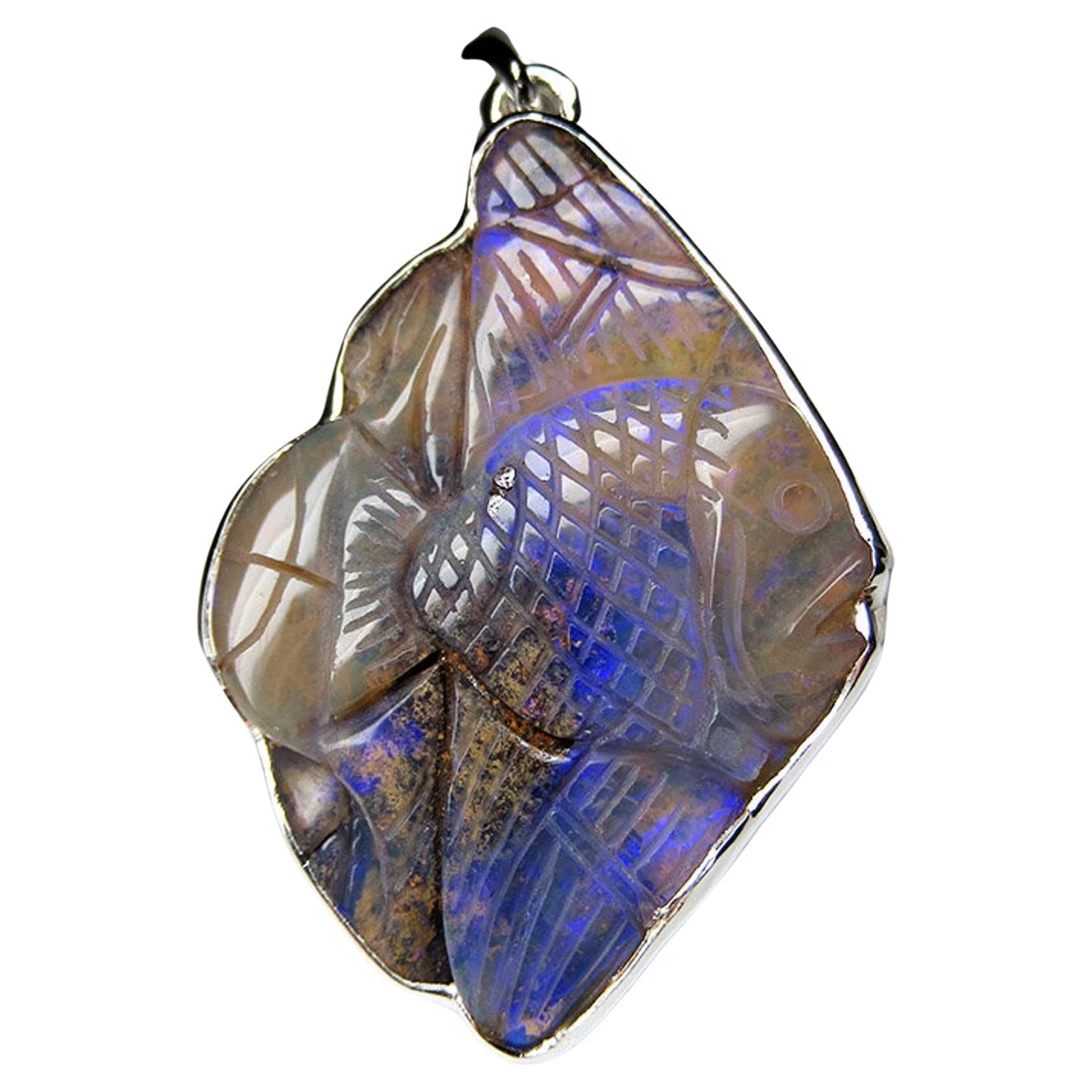 Opal Carving Silber Fisch Anhänger natürlichen violetten Vintage Edelstein Geschenk Frau im Angebot