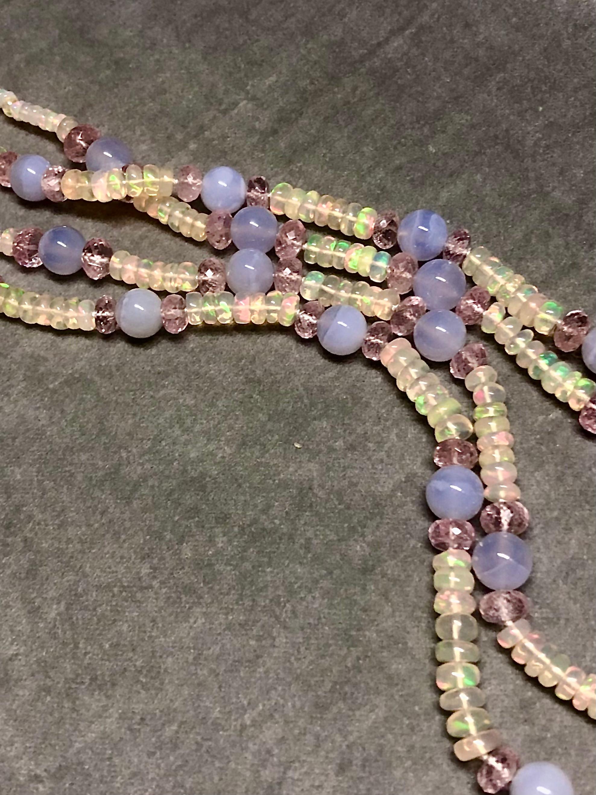 Artisan Opal, chalcedony and morganite necklace For Sale