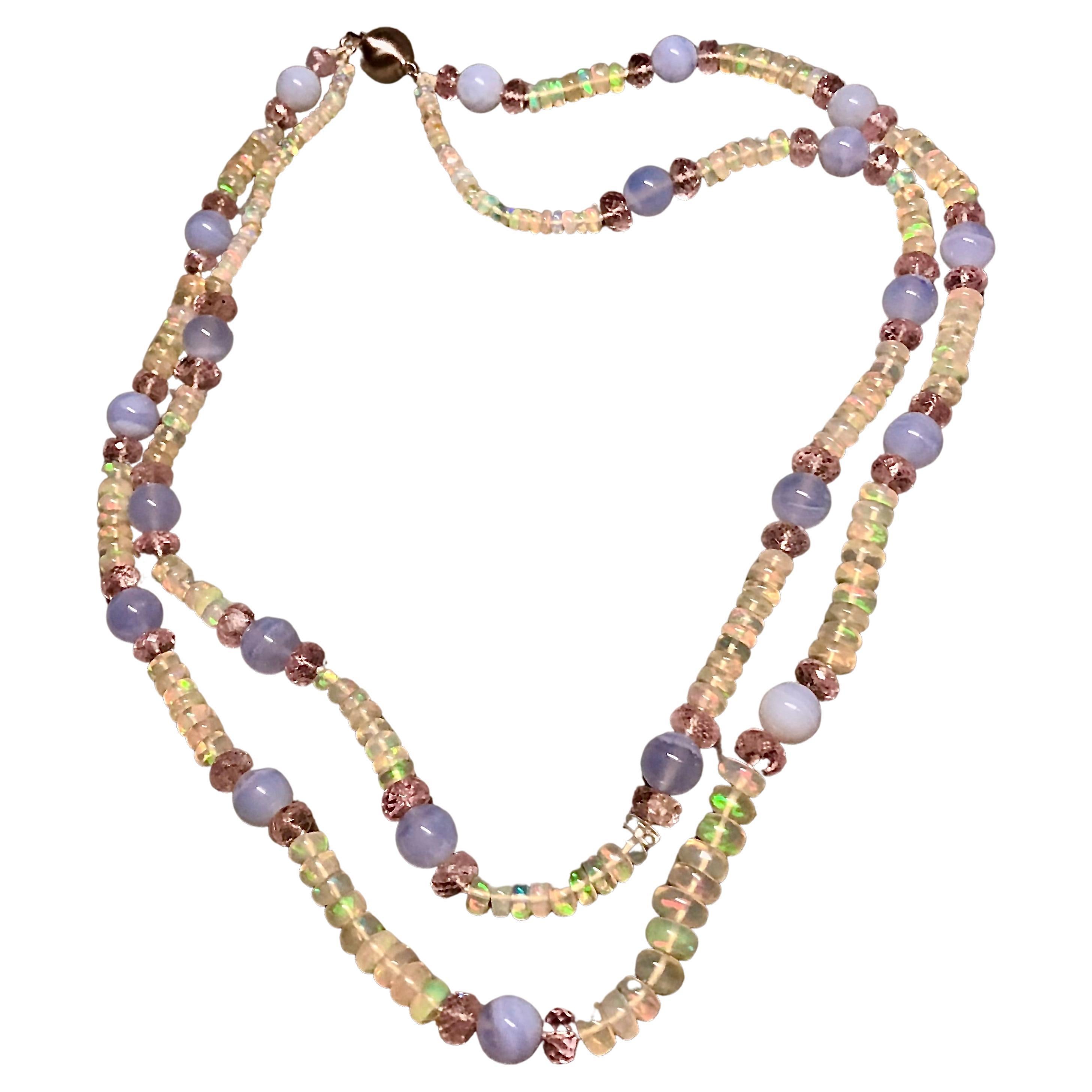 Opal, chalcedony and morganite necklace For Sale