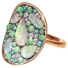 Bague mosaïque d'opales, chrysophrase, tourmaline Paraiba et diamants