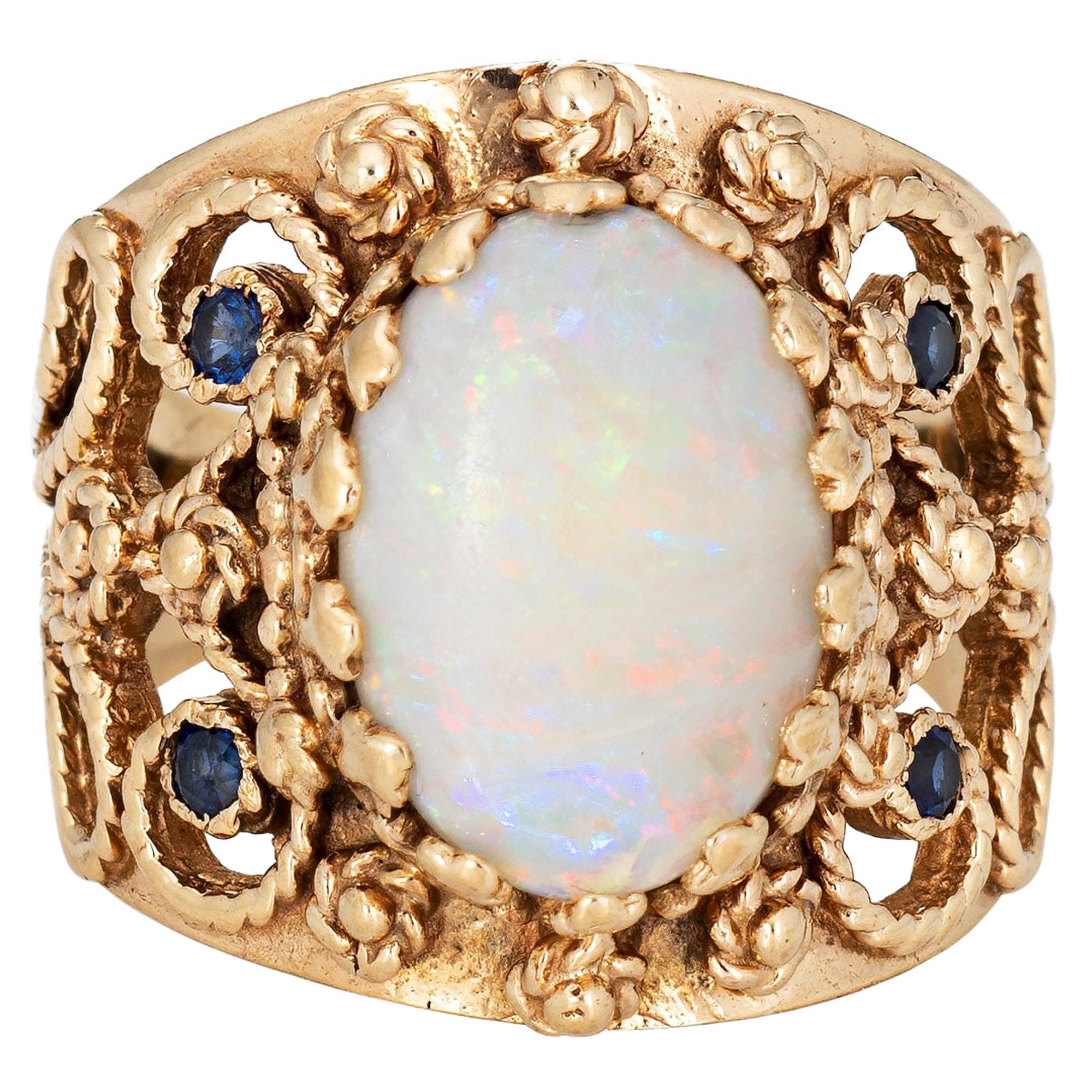 Opal Cigar Ring Vintage 14k Yellow Gold Wide Band Sapphire Fine Jewelry