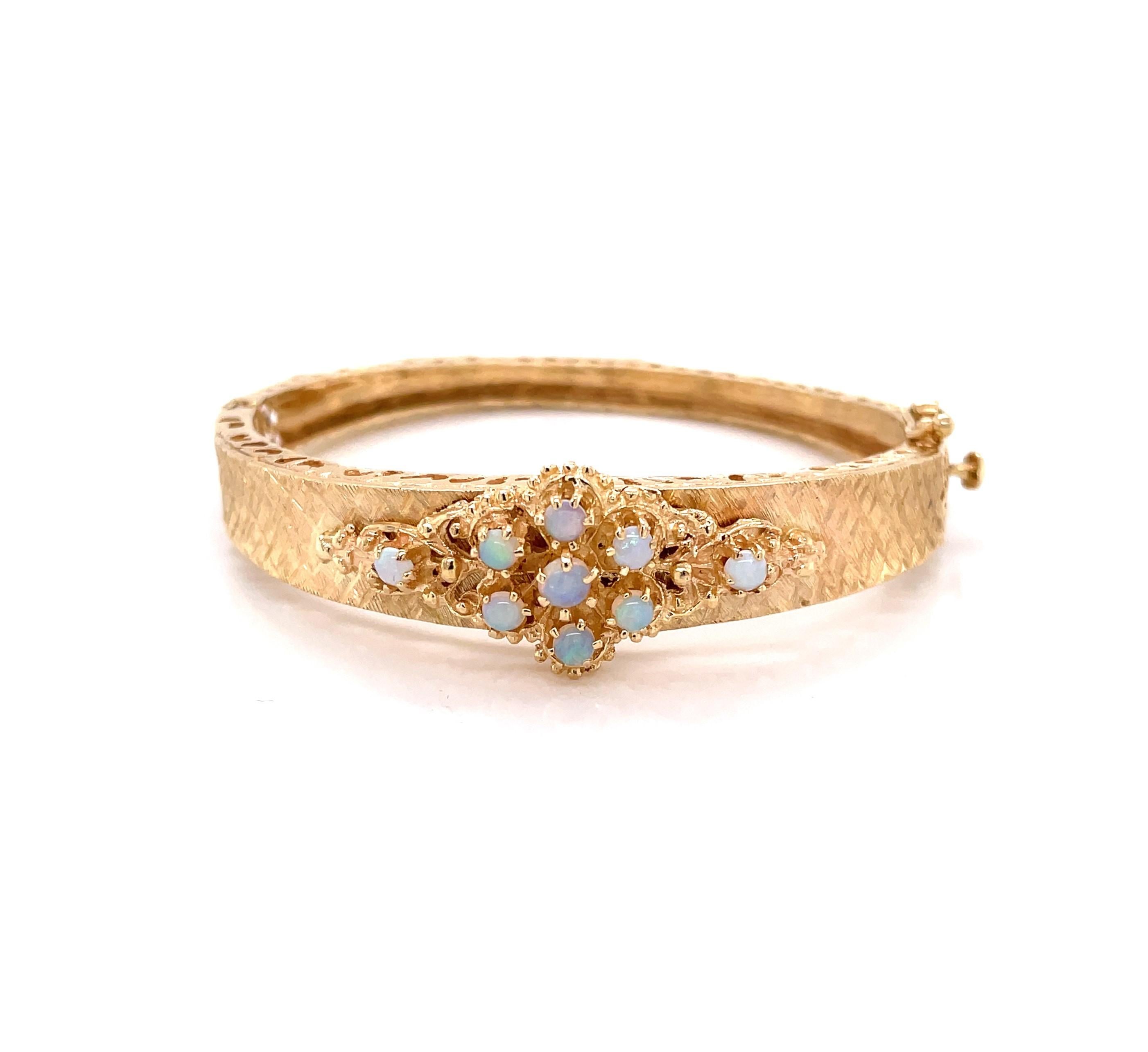 Opal Cluster 14 Karat Yellow Gold Bangle Bracelet For Sale 2