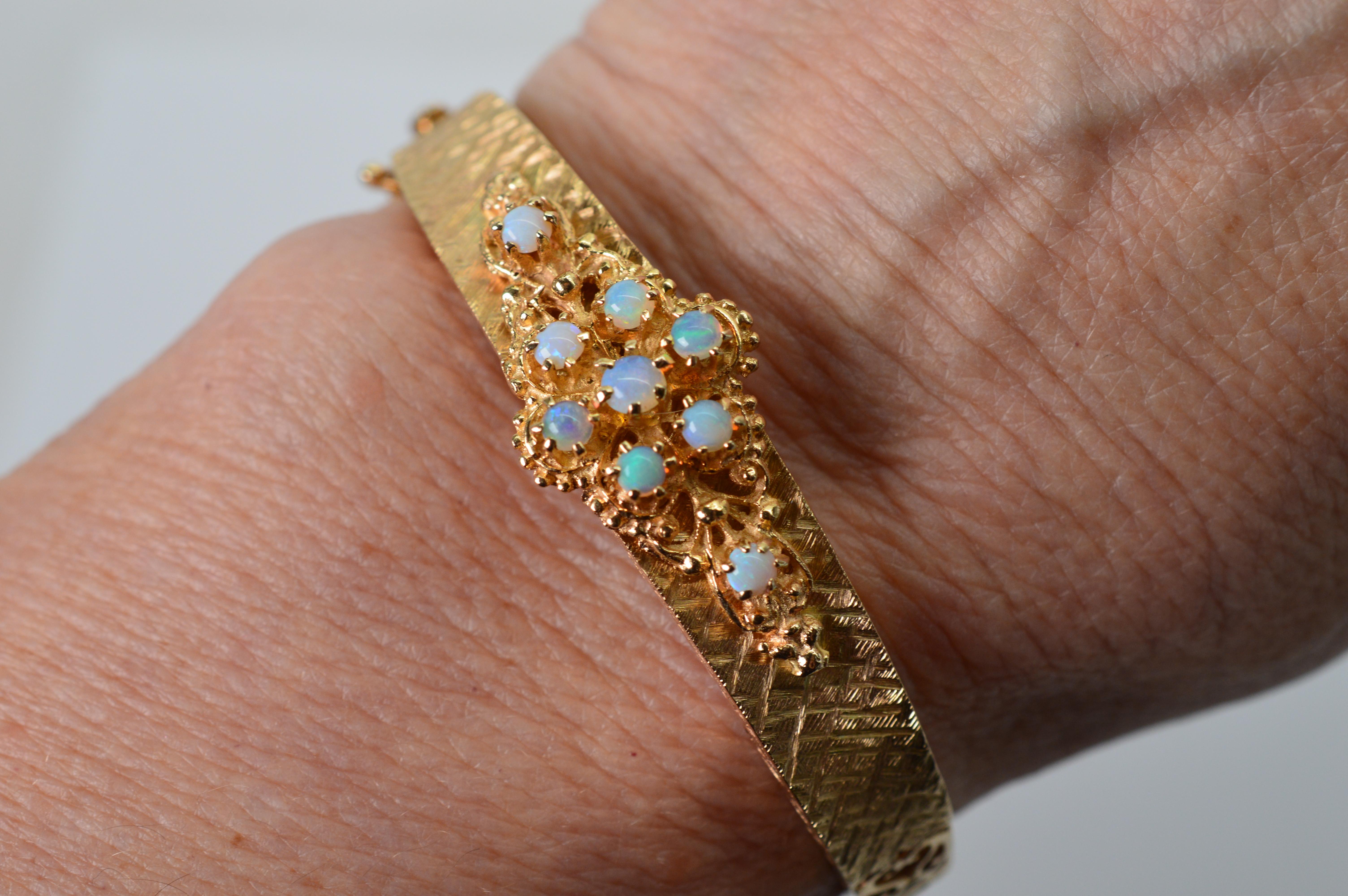 Opal Cluster 14 Karat Yellow Gold Bangle Bracelet For Sale 1