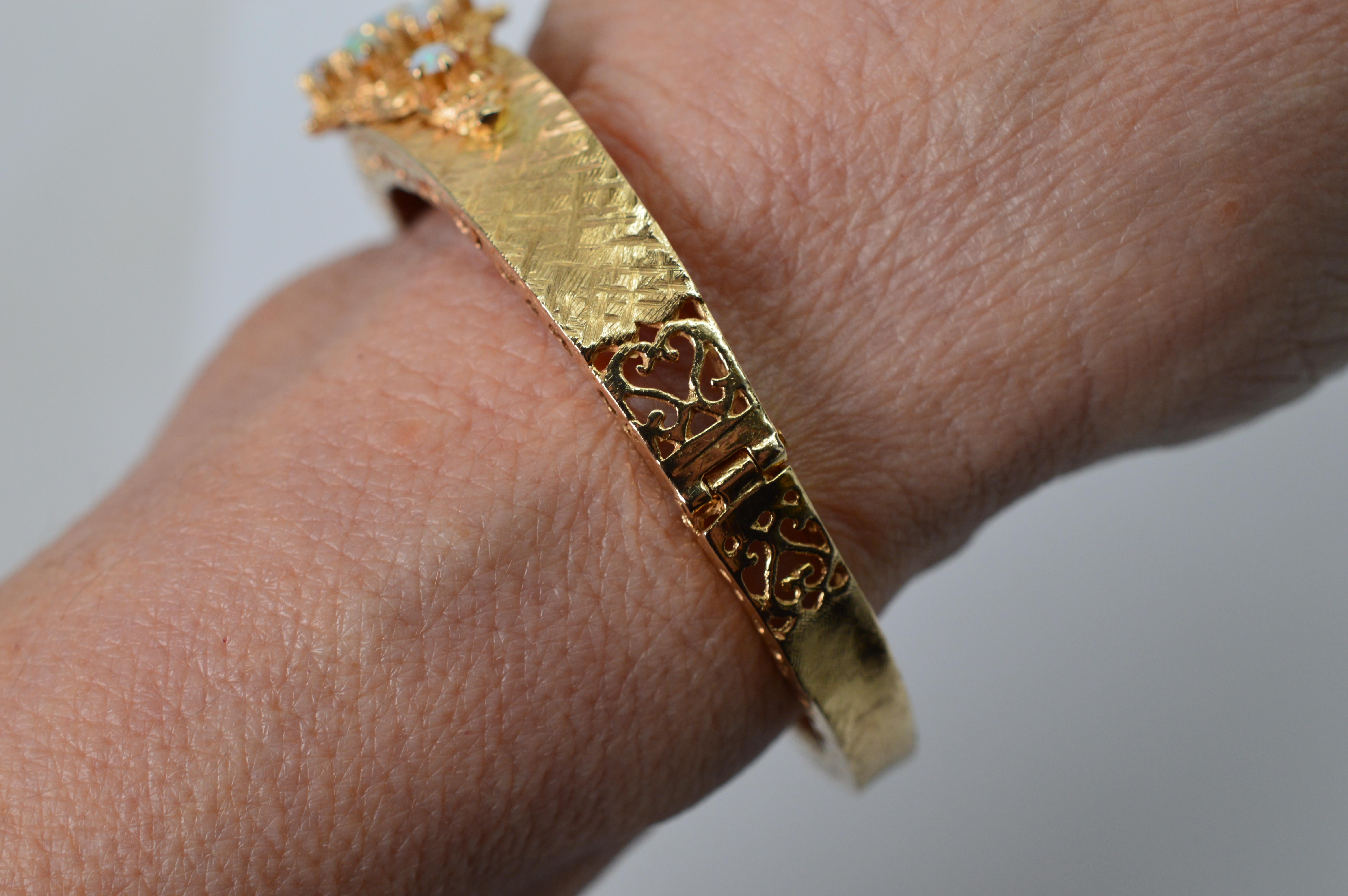 Women's Opal Cluster 14 Karat Yellow Gold Bangle Bracelet For Sale