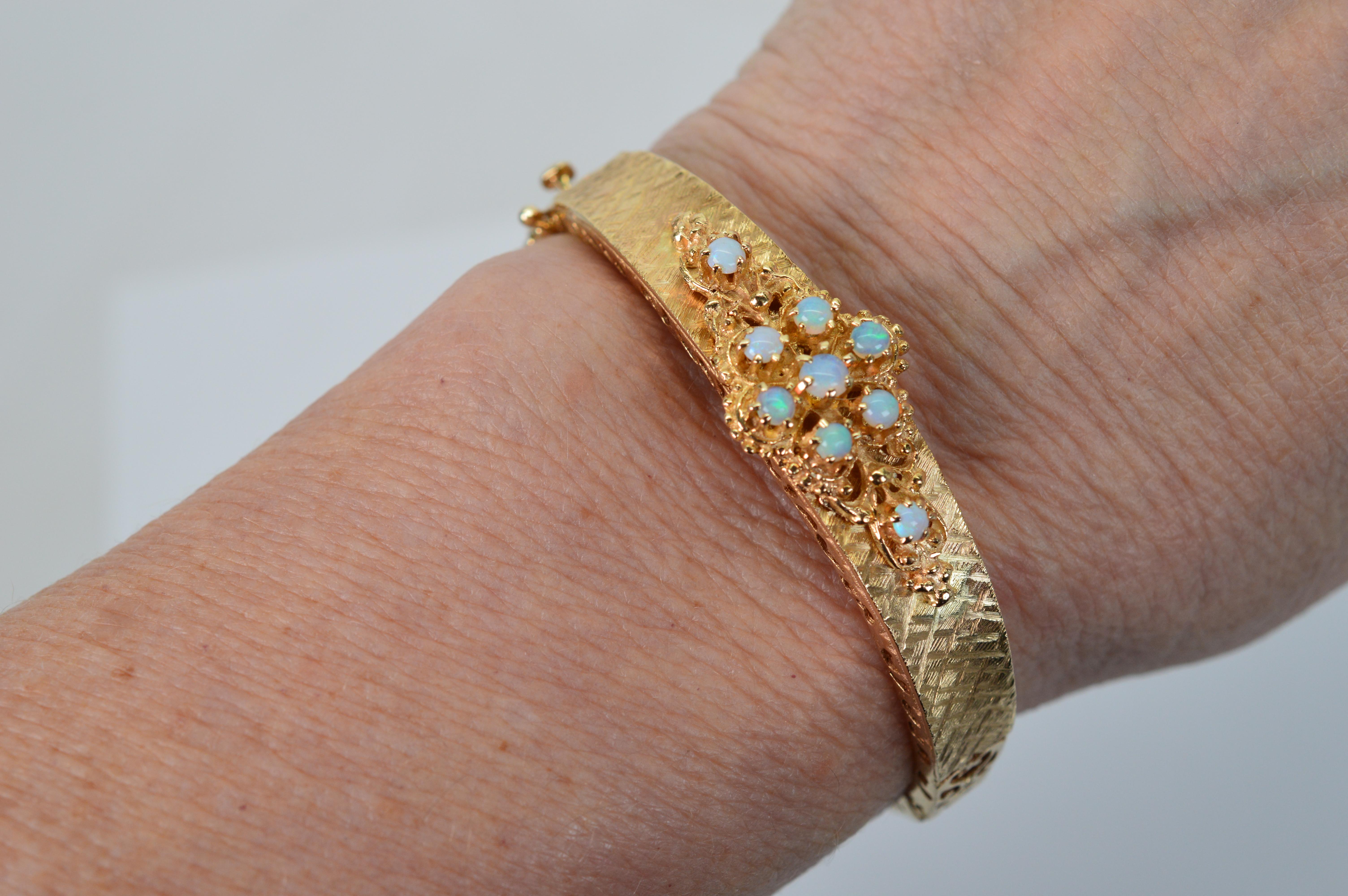 Opal Cluster 14 Karat Yellow Gold Bangle Bracelet For Sale 1