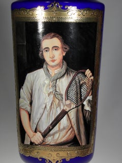 Large Opal Vase Cobalt Glass Overlay Hand Painted Historical Tennis Player Motif