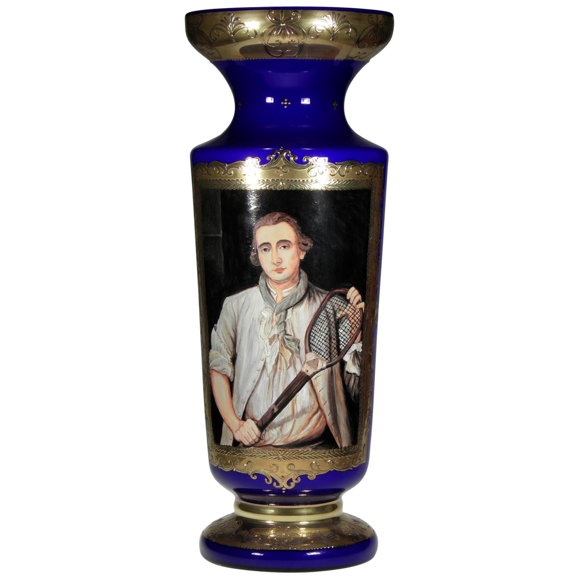 Large Opal Vase Cobalt Glass Overlay Hand Painted Historical Tennis Player Motif For Sale