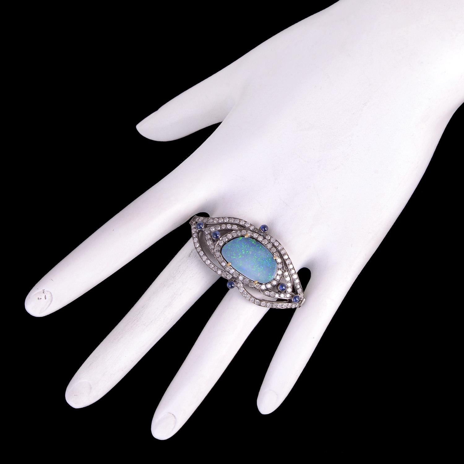 Contemporary Opal Cocktail Ring With Blue Sapphire & Diamonds Made In 18k Gold & Silver