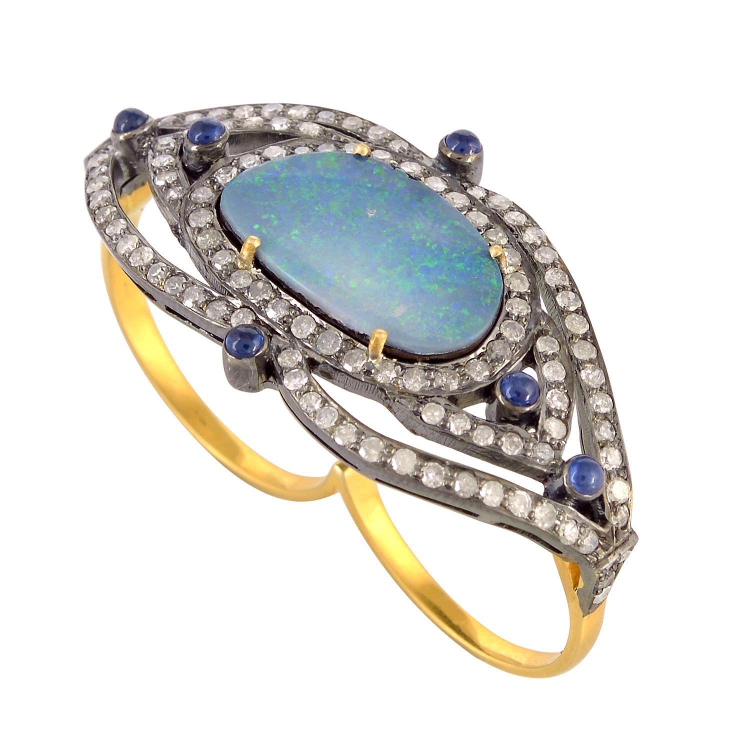 Mixed Cut Opal Cocktail Ring With Blue Sapphire & Diamonds Made In 18k Gold & Silver