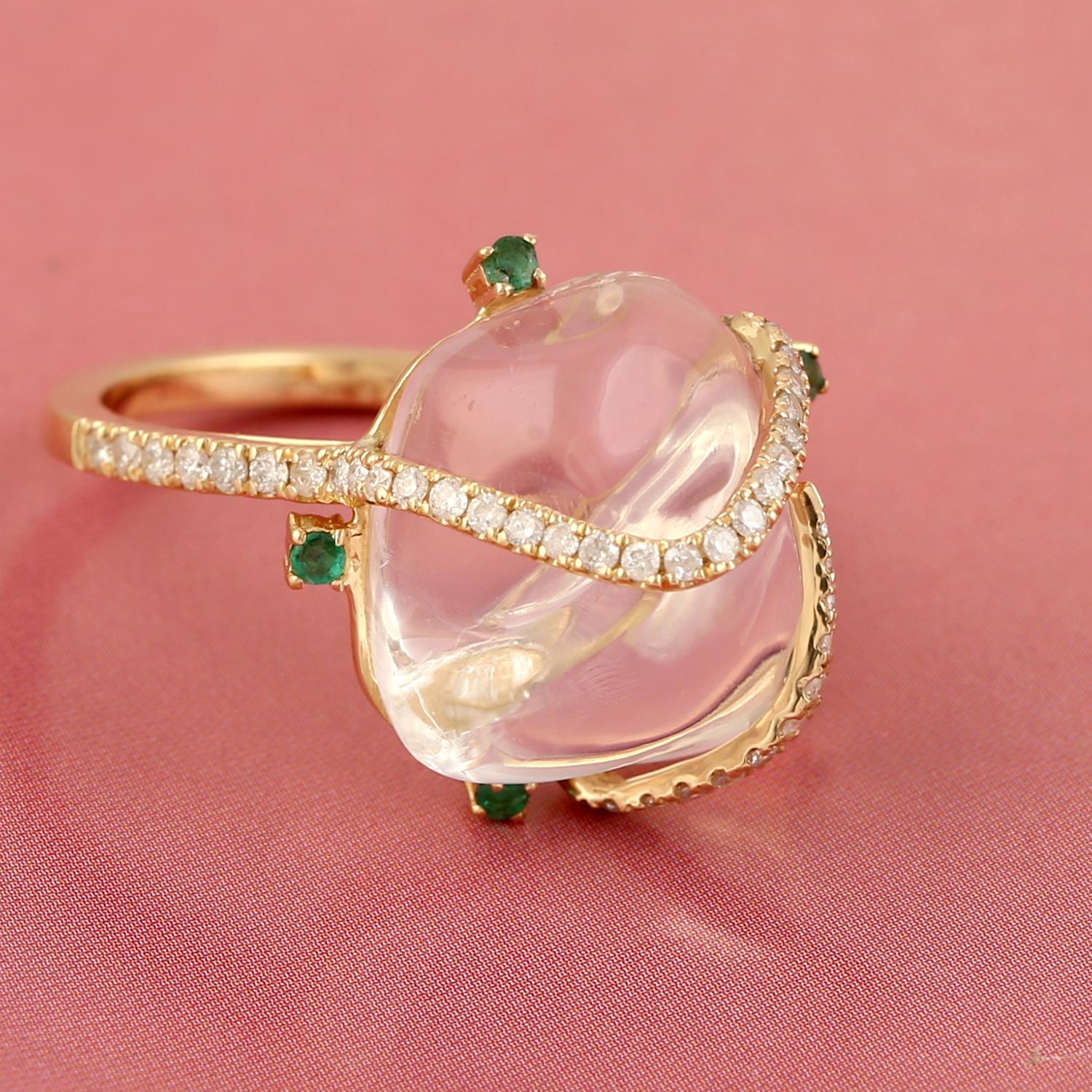 Opal-Cocktailring mit Smaragd und Diamanten aus 18 Karat Gelbgold Damen