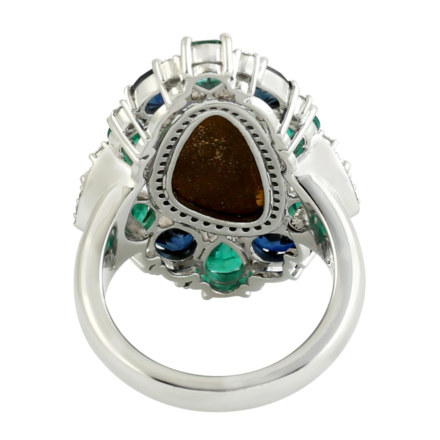Artisan Opal Cocktail Ring With Emerald & Sapphire Accompanied By Diamonds In 18k Gold For Sale