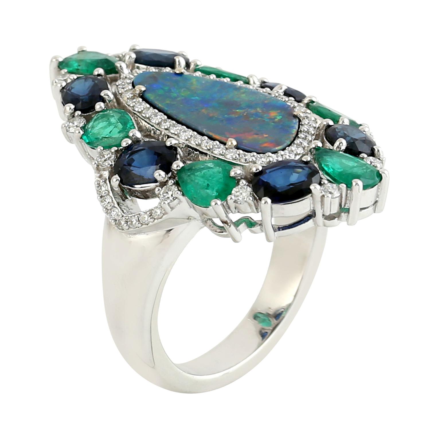 Mixed Cut Opal Cocktail Ring With Emerald & Sapphire Accompanied By Diamonds In 18k Gold For Sale