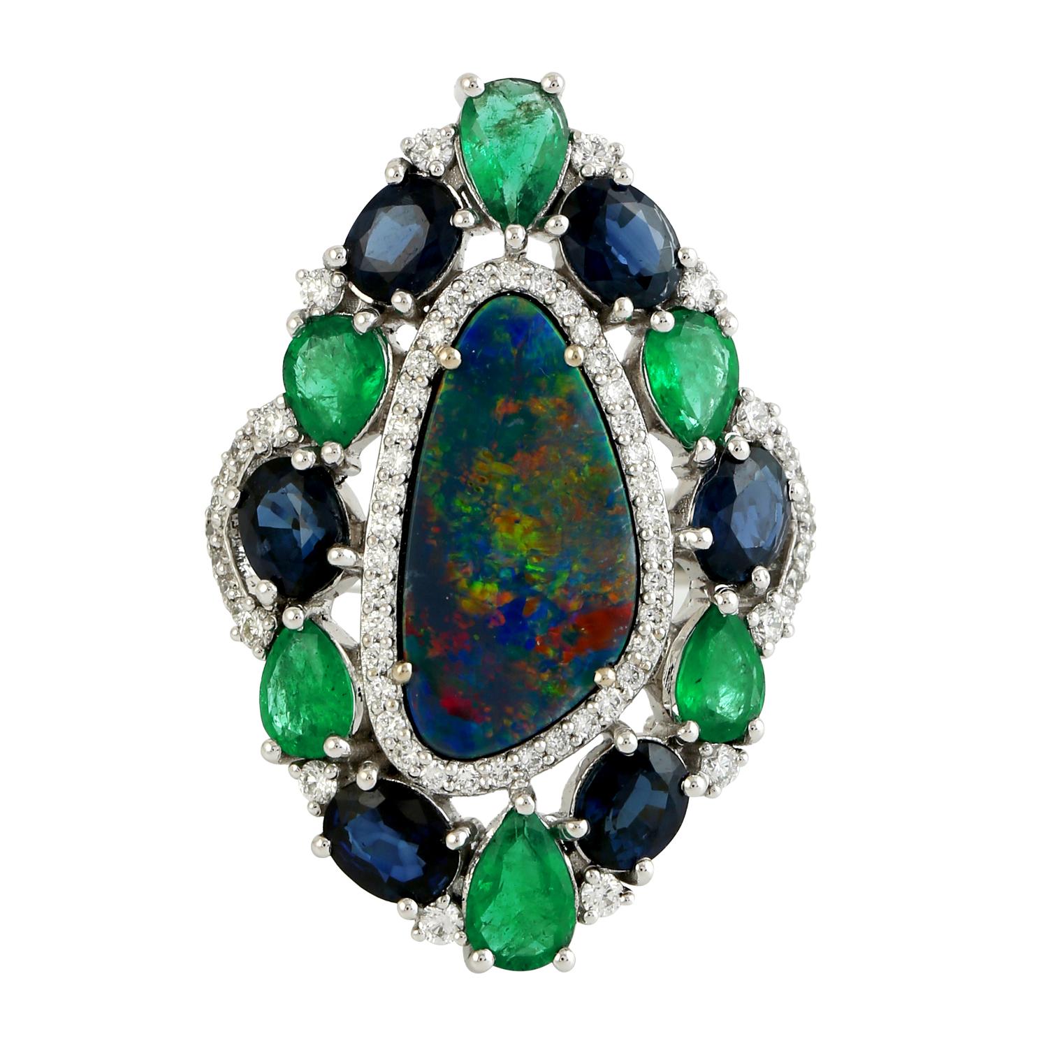 Opal Cocktail Ring With Emerald & Sapphire Accompanied By Diamonds In 18k Gold In New Condition For Sale In New York, NY