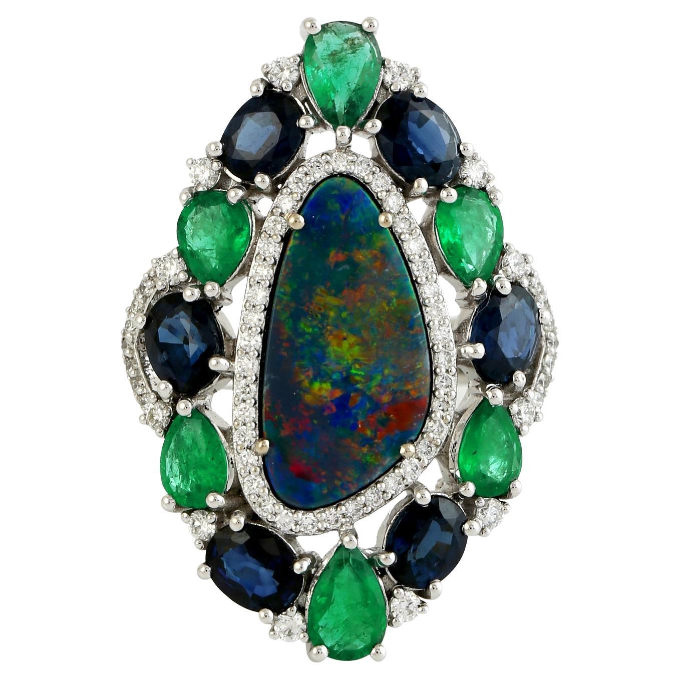 Opal Cocktail Ring With Emerald & Sapphire Accompanied By Diamonds In 18k Gold