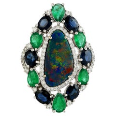 Opal Cocktail Ring With Emerald & Sapphire Accompanied By Diamonds In 18k Gold