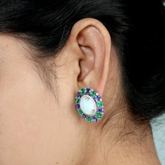 Opal Cocktail Ring With Multi Gemstones & Diamonds Made In 18k White Gold