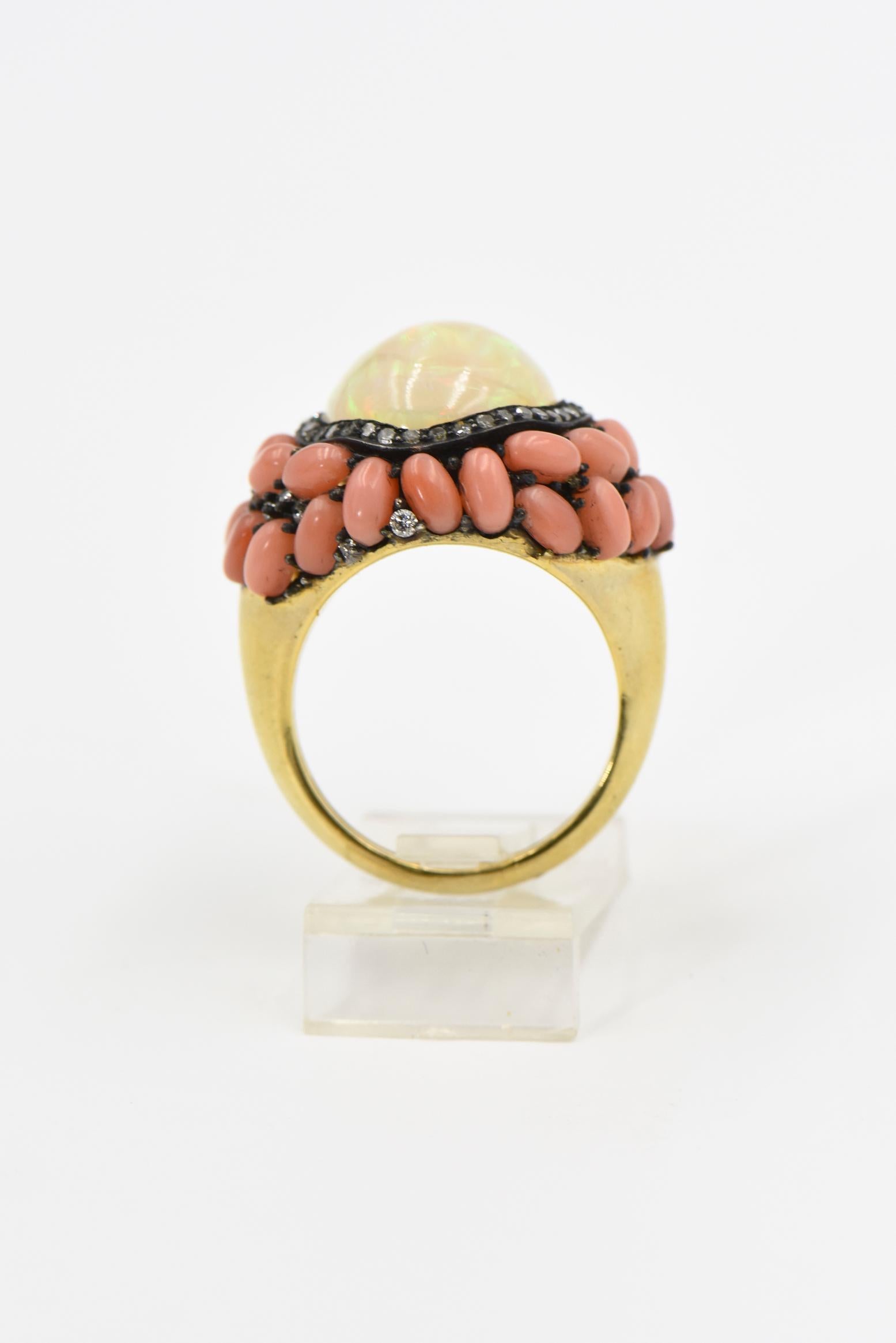 Cabochon Opal Coral and Diamond Cocktail Ring For Sale