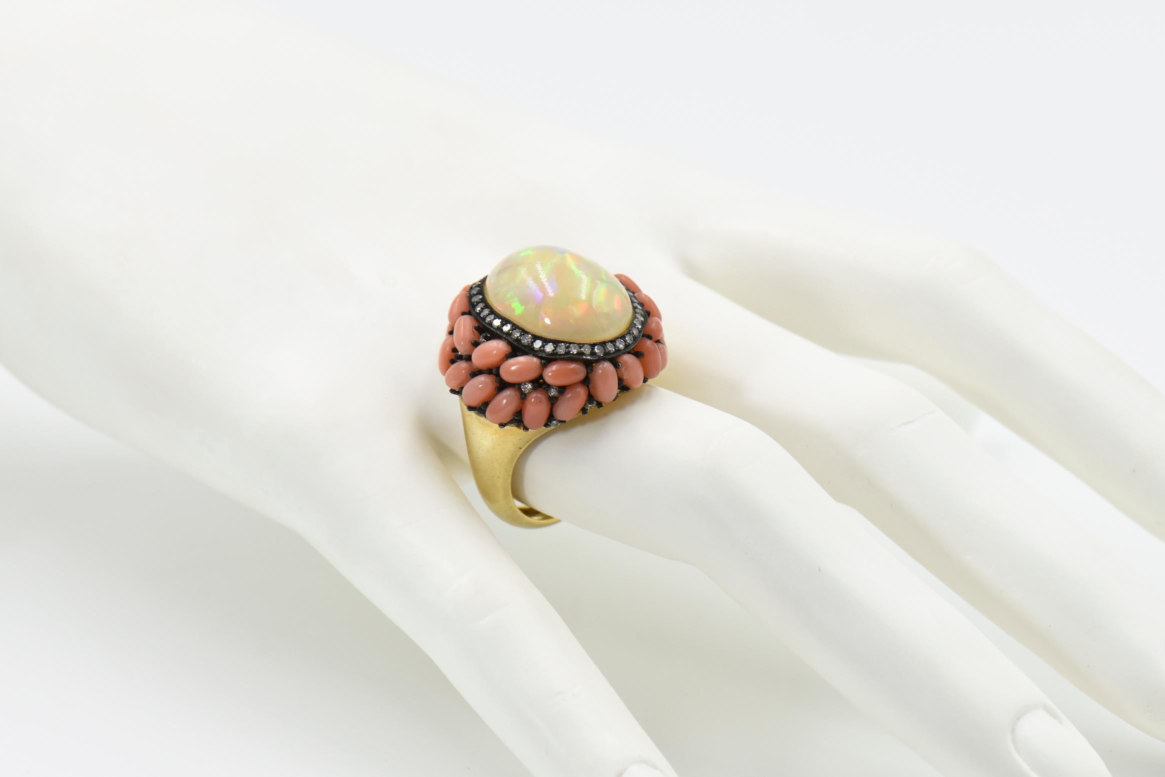 Women's or Men's Opal Coral and Diamond Cocktail Ring For Sale