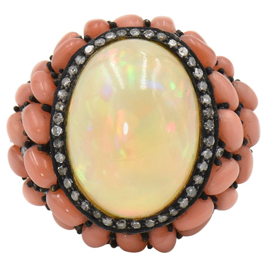Opal Coral and Diamond Cocktail Ring For Sale