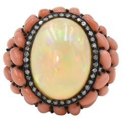 Opal Coral and Diamond Cocktail Ring