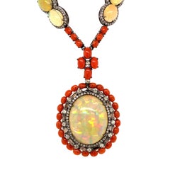 Halskette mit Opal, Koralle und Diamant in Gold und Sterlingsilber, Nachlassschmuck