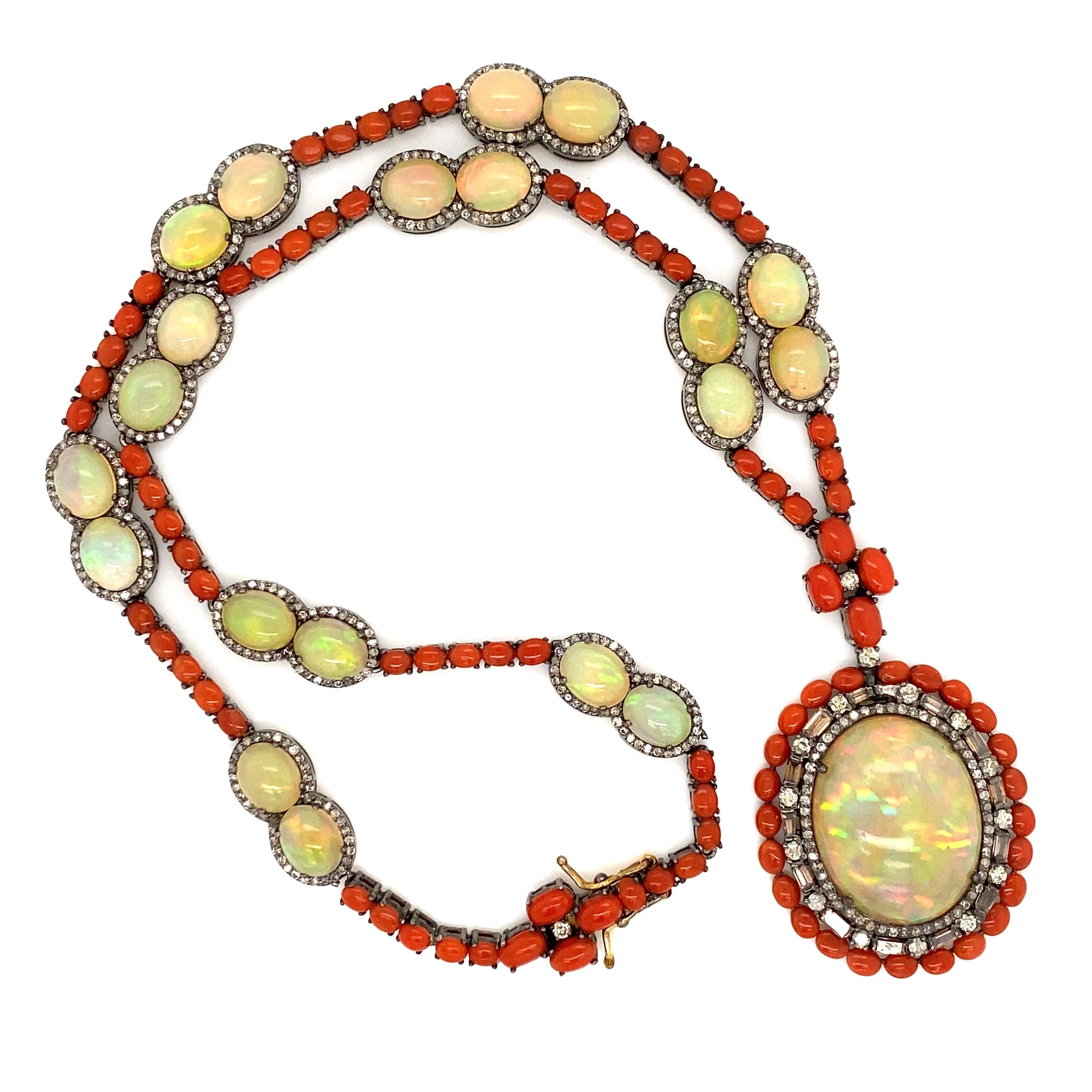 Modernist Opal, Coral and Diamond Gold and Sterling Silver Necklace Estate Fine Jewelry For Sale