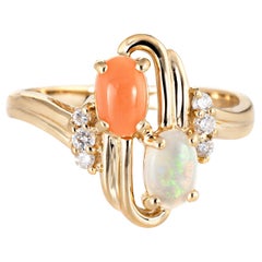Opal Coral Diamond Small Cocktail Ring Vintage 14 Karat Gold Estate Jewelry
