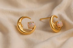 Opal, Crescent Moon Stud Earrings in 14k gold