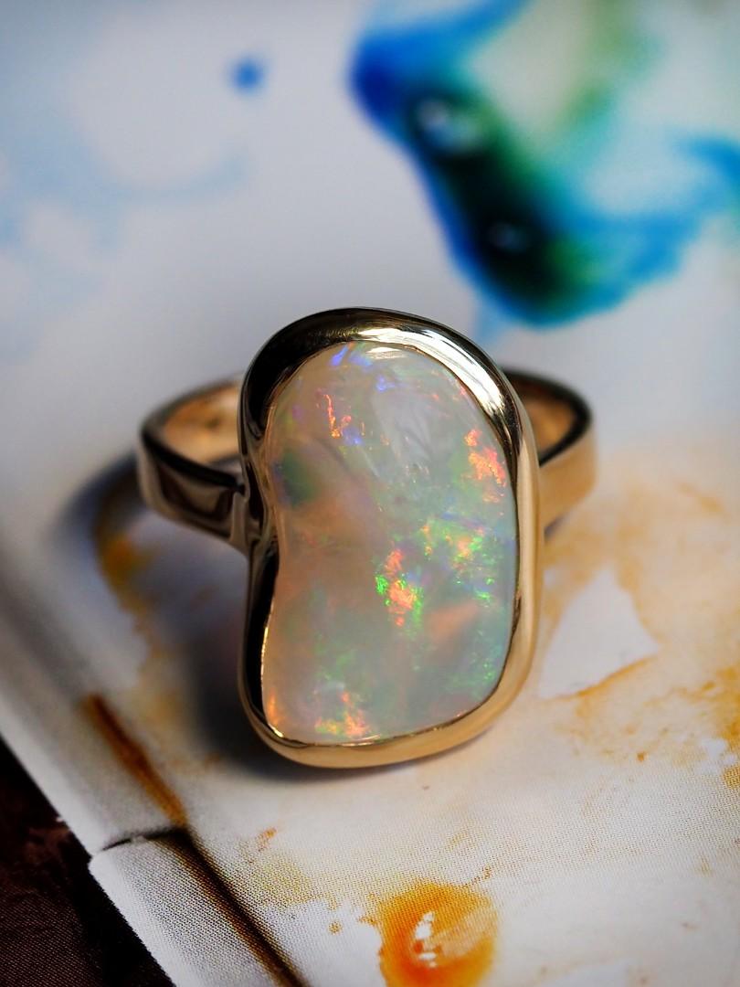 Artisan Opal Gold Ring Salvador Dali Style Jewelry Natural Iridescent Stone For Sale